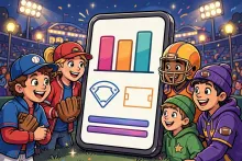 Cartoon illustration of baseball and football fans gathered around a large smartphone showing a live sports hub in a stadium.