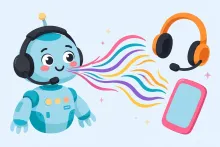 Cartoon robot assistant wearing a headset speaking with colorful sound waves toward a smartphone.
