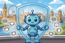 Cartoon illustration of a friendly robot assistant behind a protective shield in front of a stylized London skyline.