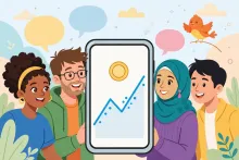 Cartoon illustration of people gathered around a large smartphone showing a rising chart and a coin, with speech bubbles and a small bird nearby.
