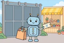 A cartoon robot assistant holding a shopping bag and a plane ticket in front of a closed warehouse gate with a small open shop behind it.