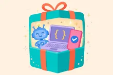 Cartoon illustration of a robot assistant, a coding laptop and a smartphone with a checkmark being bundled into one glowing gift box.