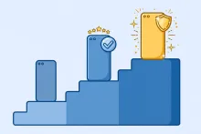 Cartoon illustration of three podium steps holding smartphones of increasing size, the top one golden with a checkmark badge and sparkles.