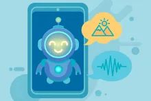 Cartoon illustration of a cheerful robot assistant with a glowing face inside a smartphone screen, surrounded by colorful speech bubbles.
