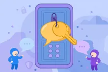 Cartoon illustration of a smartphone with a keypad door and padlock being unlocked by a golden speech-bubble key, with message bubbles behind it.