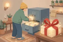 Cartoon illustration of a person filing glowing post cards into a private cabinet drawer, with a large bookmark ribbon marking a favorite stack.
