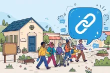 Cartoon illustration of people leaving a closed community hall and gathering around a large group chat bubble instead.