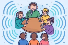 Cartoon illustration of a host and guests with microphones and headphones having a live audio conversation around a table.