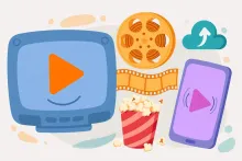 Cartoon illustration of a large video player with a play symbol, a film reel, and a smartphone playing a video next to popcorn.