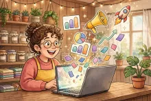 Cartoon illustration of a cheerful small business owner at a laptop as colorful ad cards, charts, a megaphone and a rocket rise from the screen.