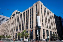 The X headquarters building in San Francisco after its Twitter signage was removed.