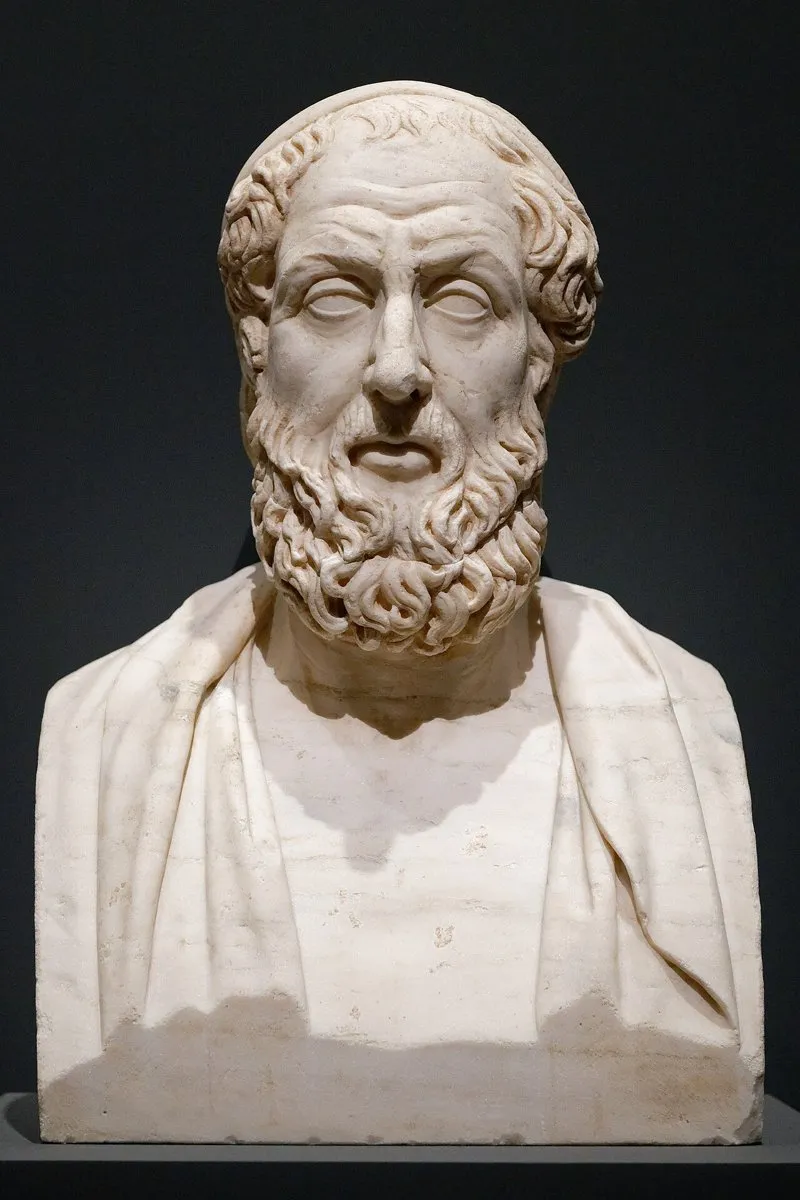 A marble bust of the ancient Greek poet Homer photographed at the Louvre Museum.