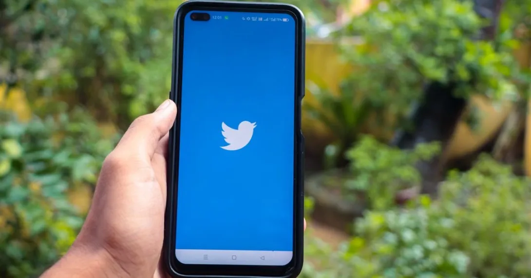 A hand holds a smartphone showing the Twitter bird logo on a bright blue screen outdoors.