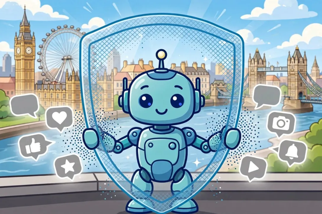 Cartoon illustration of a friendly robot assistant behind a protective shield in front of a stylized London skyline.