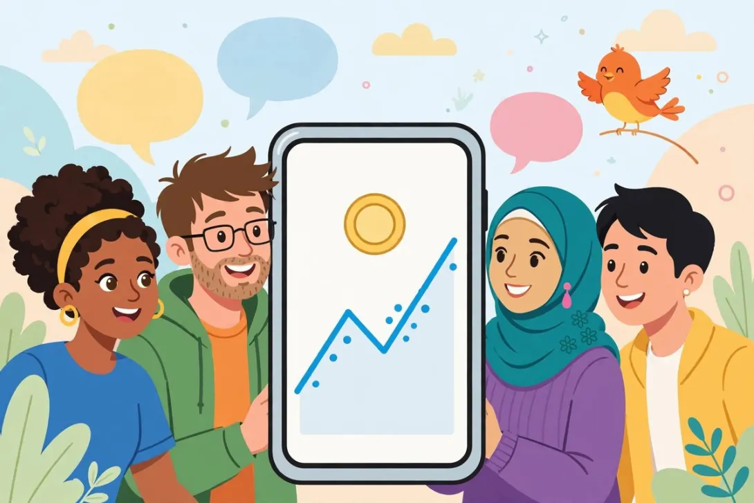 Cartoon illustration of people gathered around a large smartphone showing a rising chart and a coin, with speech bubbles and a small bird nearby.