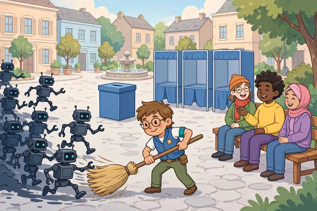 Cartoon illustration of a moderator sweeping fake robot accounts away from a town square with a ballot box while real people chat nearby.