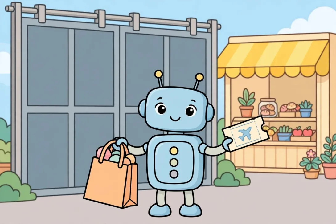 A cartoon robot assistant holding a shopping bag and a plane ticket in front of a closed warehouse gate with a small open shop behind it.