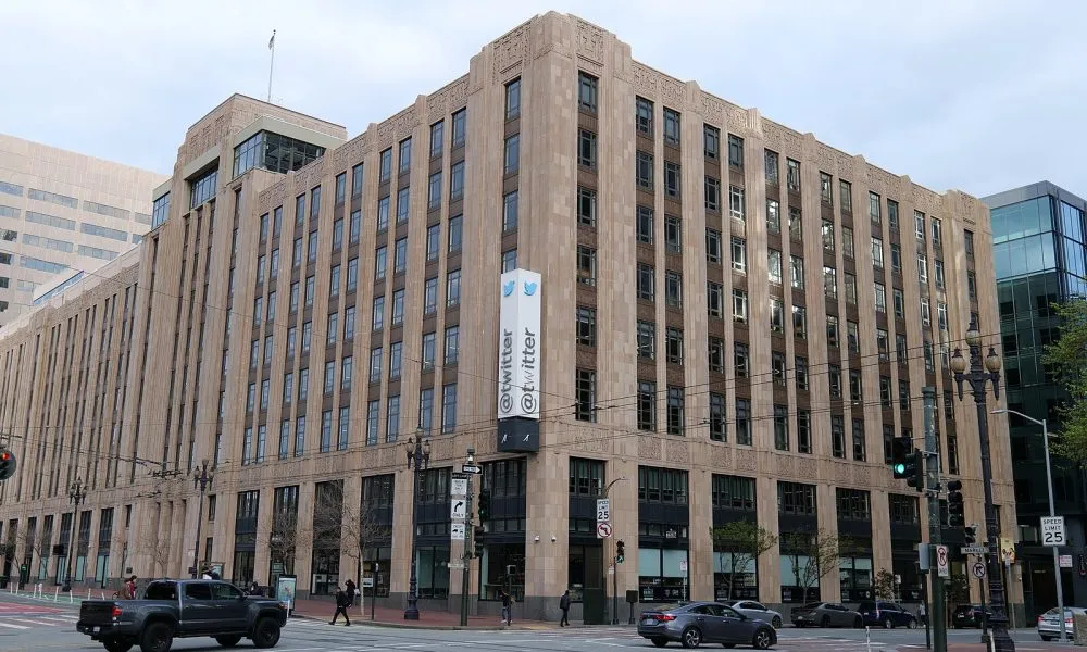 The X headquarters building in San Francisco, the large stone building formerly signed as Twitter headquarters.