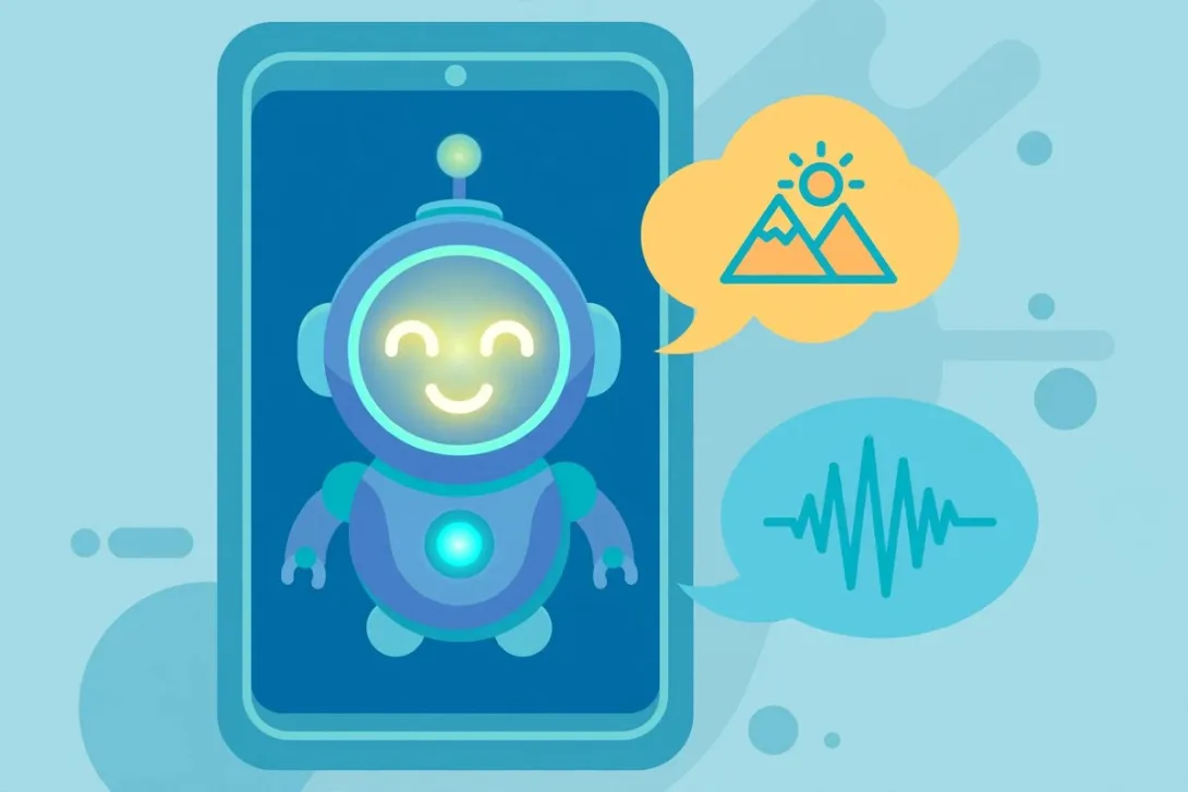 Cartoon illustration of a cheerful robot assistant with a glowing face inside a smartphone screen, surrounded by colorful speech bubbles.