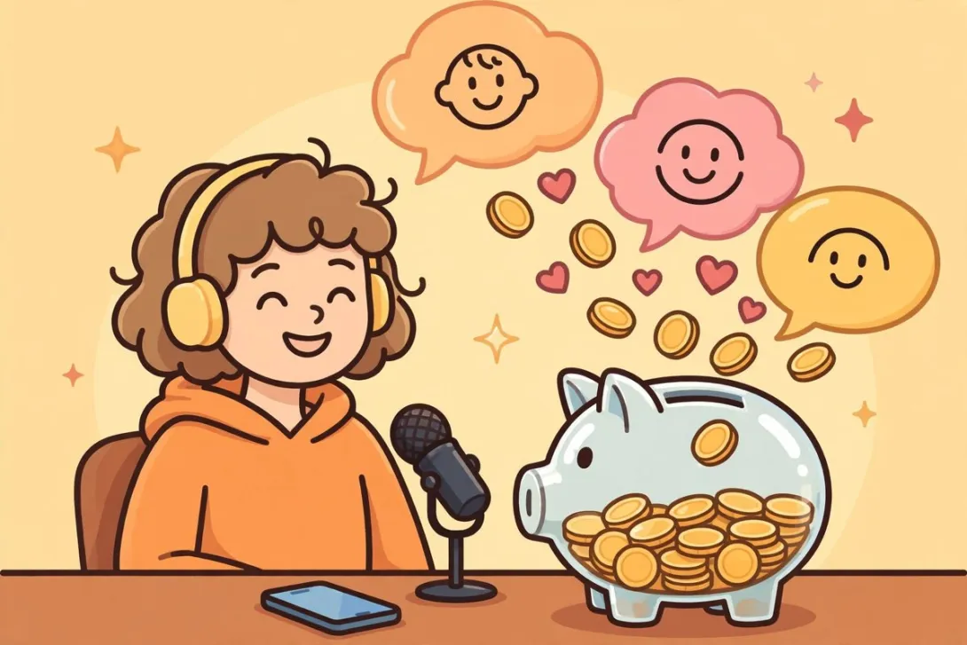 Cartoon illustration of a content creator at a desk with a microphone as coins and hearts float from audience speech bubbles into a piggy bank.