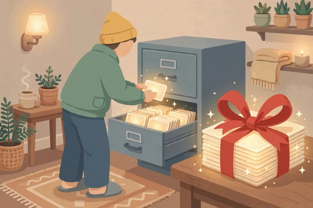 Cartoon illustration of a person filing glowing post cards into a private cabinet drawer, with a large bookmark ribbon marking a favorite stack.
