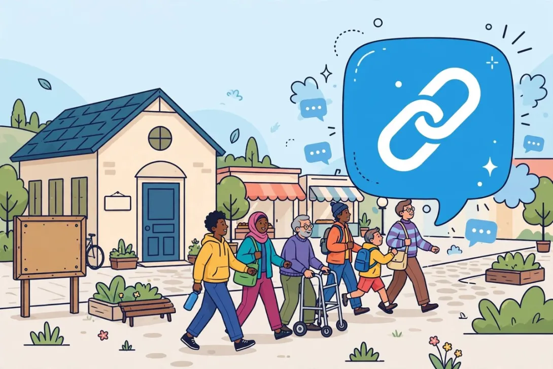 Cartoon illustration of people leaving a closed community hall and gathering around a large group chat bubble instead.
