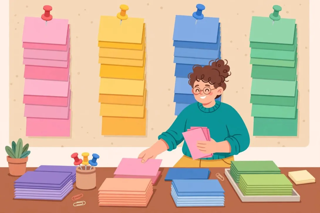 Cartoon illustration of a person sorting social media post cards into neat, colorful timeline columns with favorites pinned at the top.