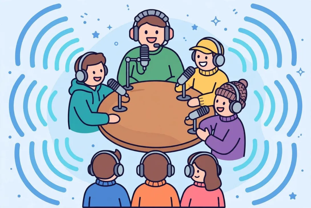 Cartoon illustration of a host and guests with microphones and headphones having a live audio conversation around a table.