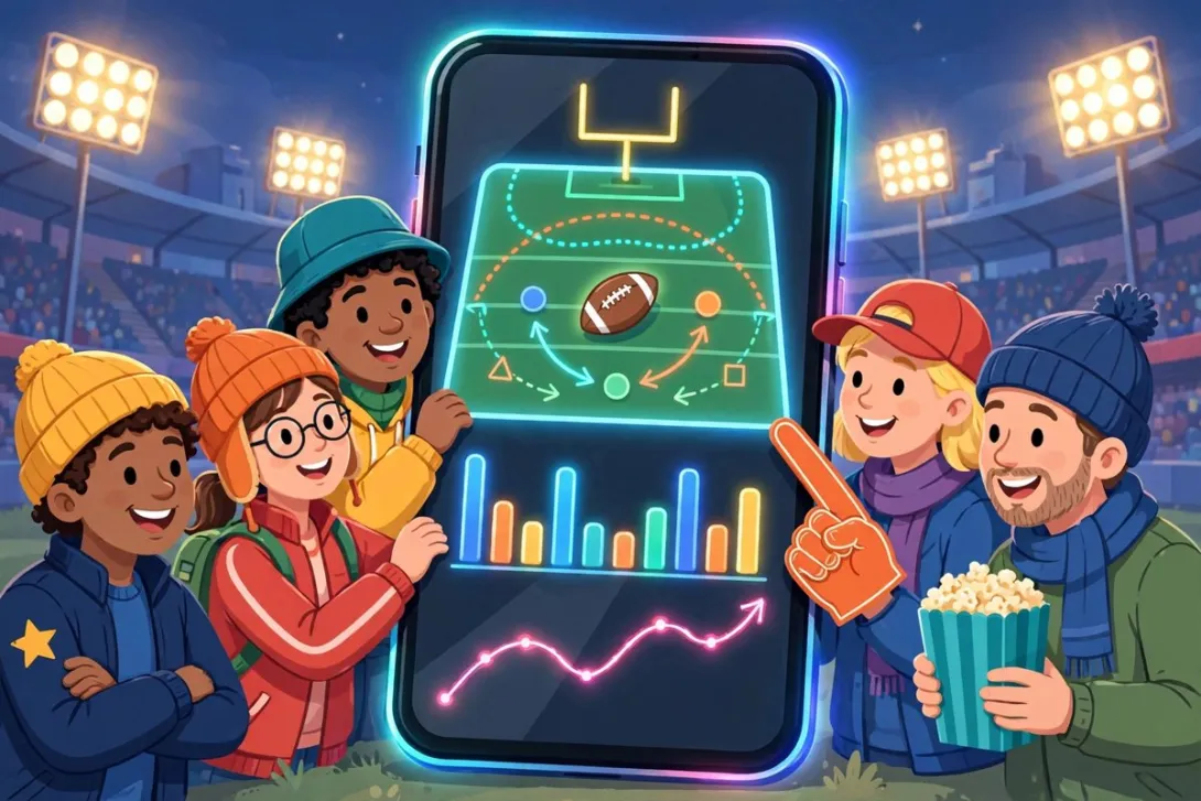 Cartoon football fans gather around a giant phone showing a live game feed with charts and a stadium behind them.