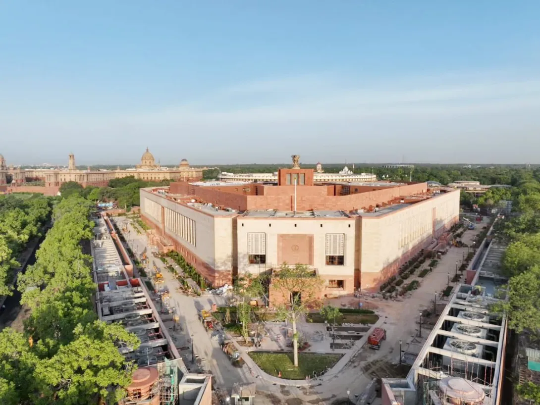 An aerial photograph of India's new Parliament Building in New Delhi.