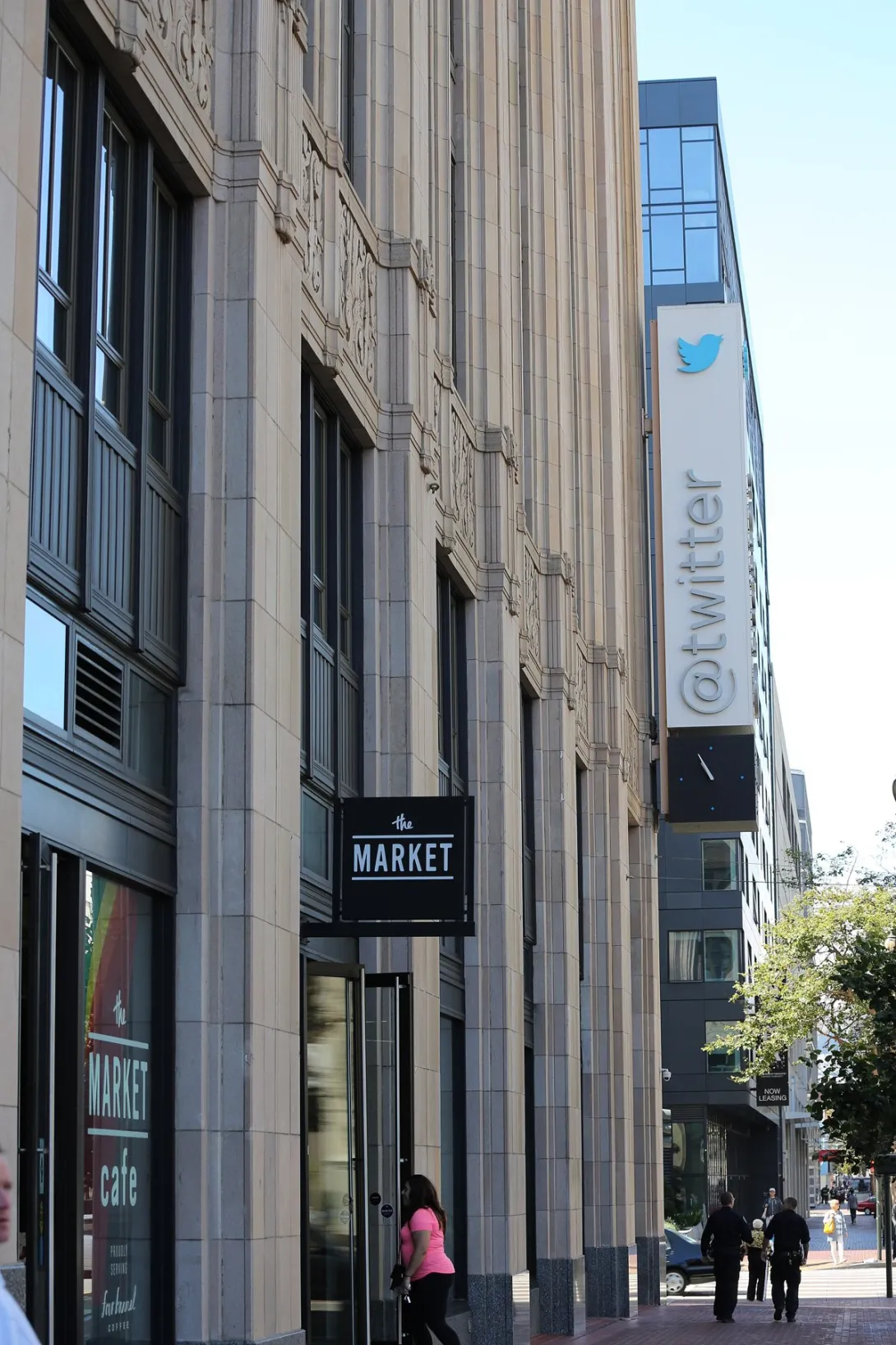The former Twitter headquarters building in San Francisco with its @twitter sign.